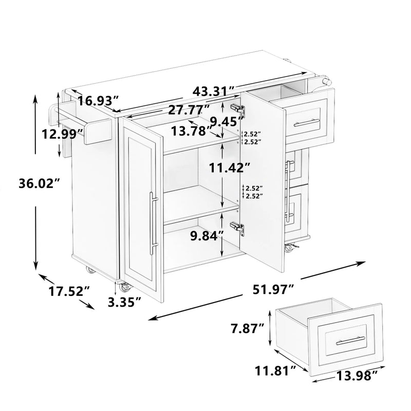Kitchen Island Cart With 2 Door Cabinet, 3 Drawers, Spice Rack & Towel Rack - White by Unique Piece Furniture