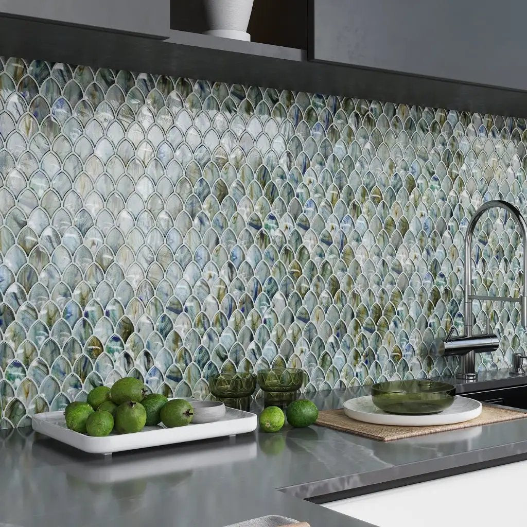 Blue Silver 11x11 Glossy Fan Fish Scale Glass Mosaic Tile (10 pack, 8.48 sq ft/case) by Apollo Tile