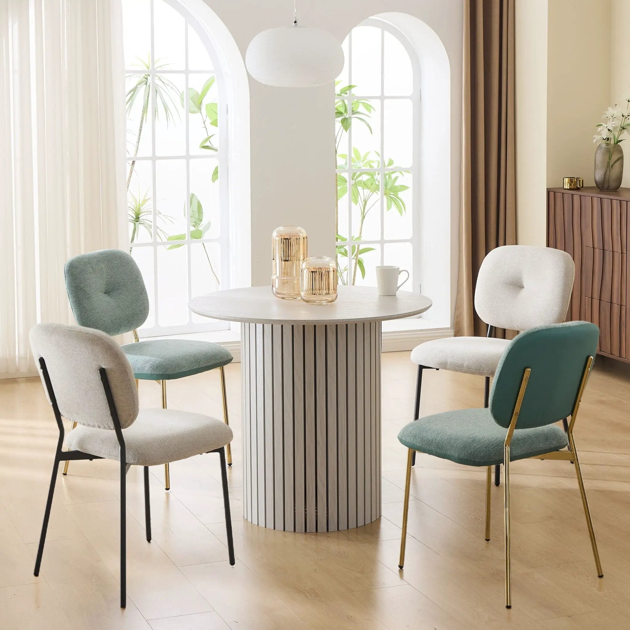 Modern 4 Person Dining Set With Bamboo & Table And Turquoise & Chairs Metal Legs, Space Saving Design - White by HouseOfZazla