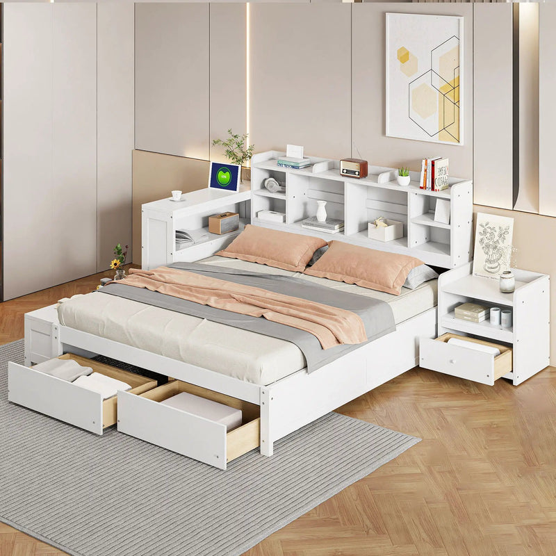 Platform Bed With Multi Functional Storage Space, Nightstand, 2 Drawers, USB Ports And Desk by HouseOfZazla