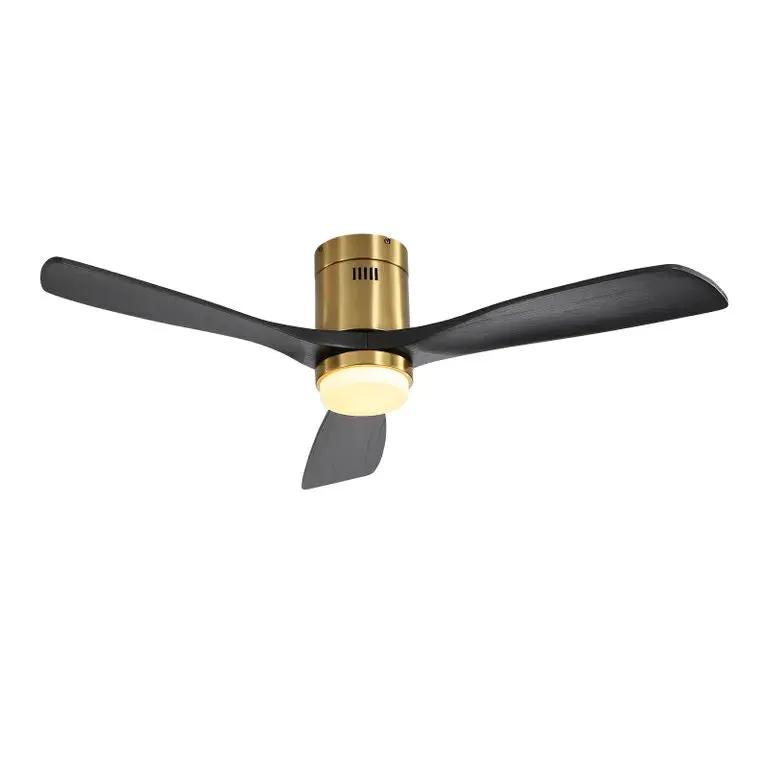 Flush Mount Ceiling Fan With 3 Solid Wood Blades Remote Control Reversible DC Motor For Living Room - Gold by HouseOfZazla