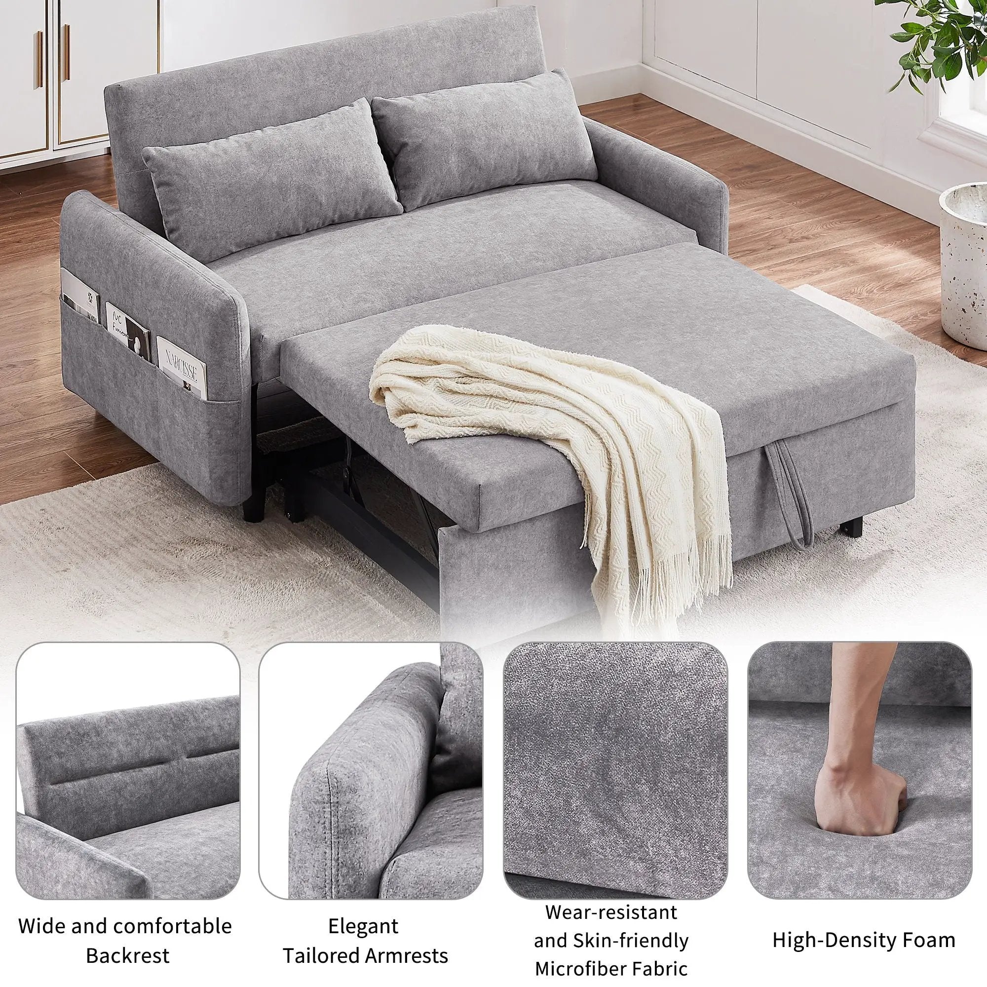 Pull Out Sleep Sofa Bed Loveseats Sofa Couch With Adjsutable Backrest, Storage Pockets, 2 Soft Pillows, USB Ports For Living Room, Bedroom, Apartment, Office by Unique Piece Furniture