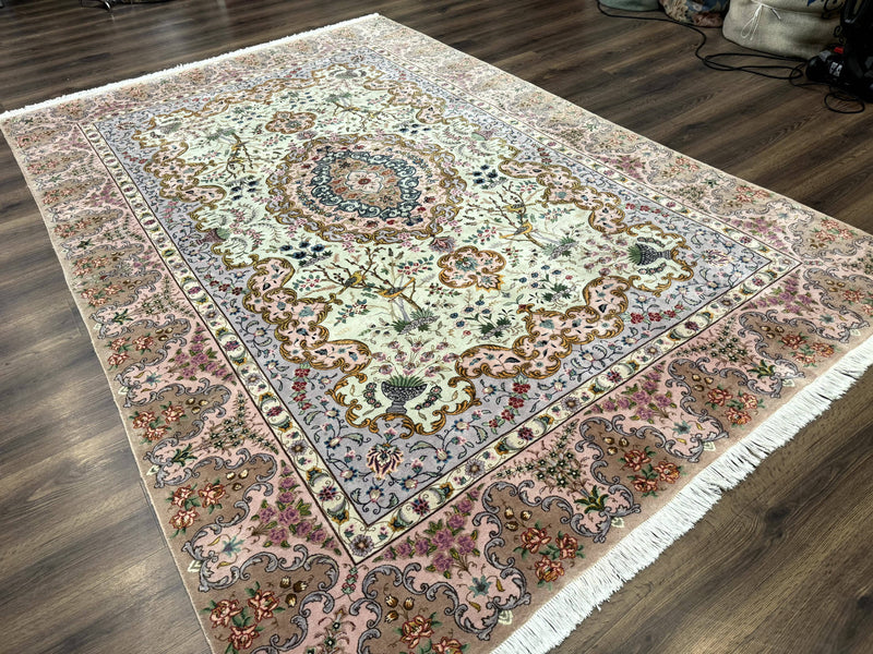 Wonderful Persian Tabriz Rug 7x10, Very Fine 330 KPSI, Light Green Light Blue Pink, Kork Wool Silk Foundation, Bird Pictorials by Jewel Rugs