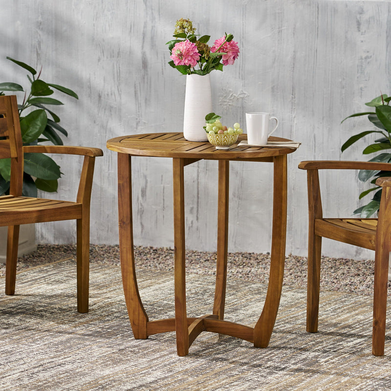 Outdoor Circular Wood Bistro Table With Curved Legs And Slat Panel Table Top - Teak by HouseOfZazla