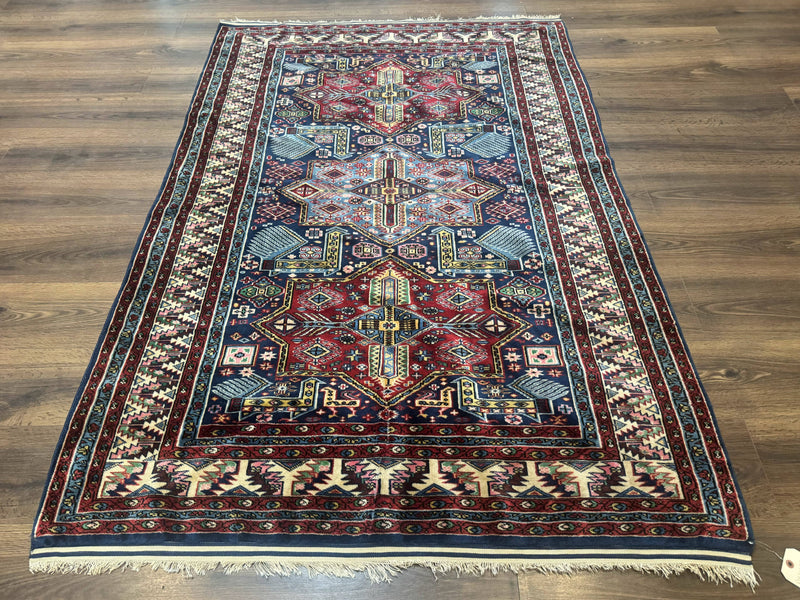 Indian Rug with Caucasian Design, 4x6 Geometric Carpet, Navy Blue and Cream by Jewel Rugs