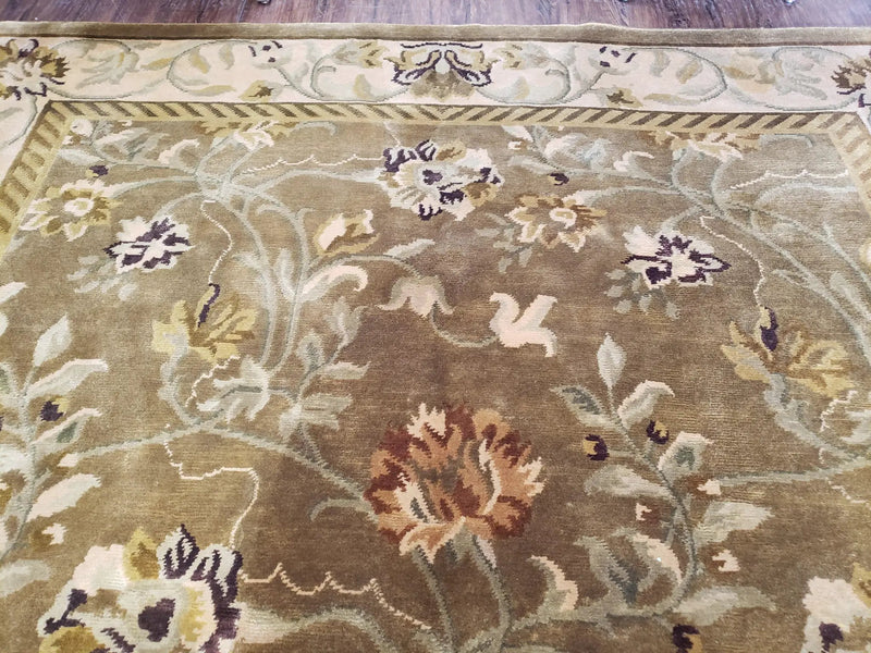 8x10 Tibetan Rug, Green & Beige Floral Rug, Large Handmade Wool Rug by Jewel Rugs