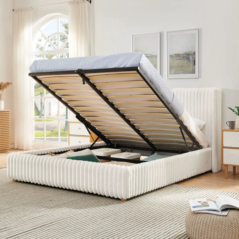Functional Vertical Striped Bed With Gas Lift Storage by Unique Piece Furniture