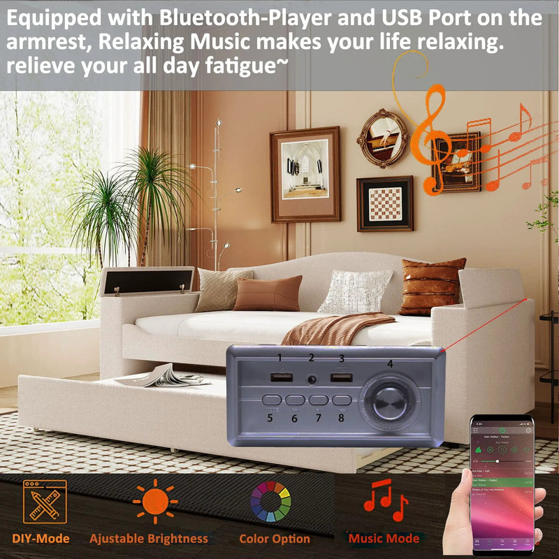 Upholstered Daybed With Storage Armrests, Trundle And Latest Integrated tooth Audio System by HouseOfZazla