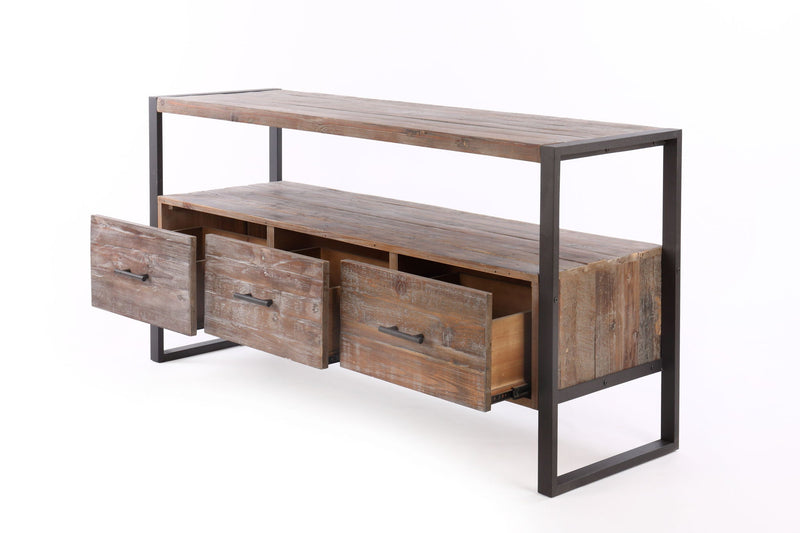 Reclaimed Wood Media TV Console Table with 3 Drawers, Open Shelf - Antique Gray, photo 3 of 8