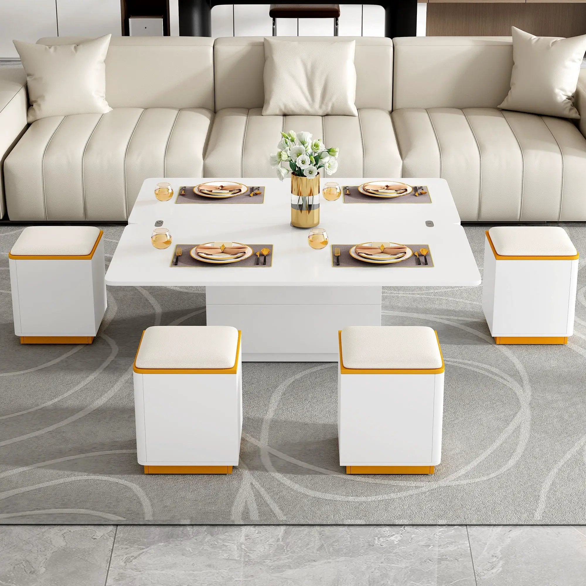 Lift Top Coffee Table With 4 Storage Stools by Unique Piece Furniture