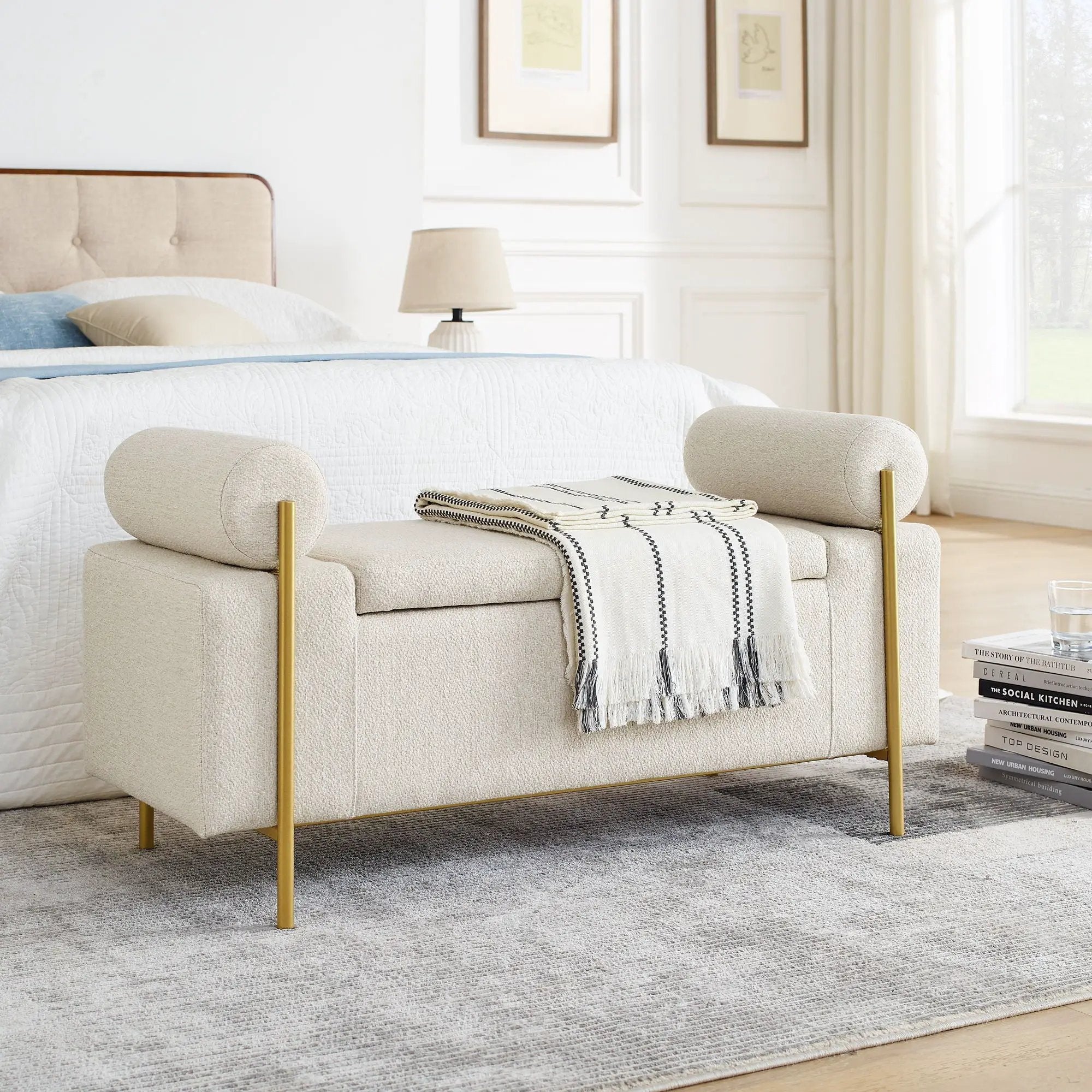 Elegant Upholstered Storage Bench With Cylindrical Arms And Iron Legs, by Unique Piece Furniture
