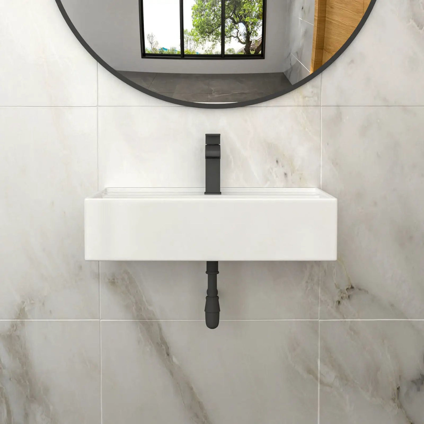 Modern Ceramic Rectangular Wall Mounted Bathroom Sink With Faucet Hole & Overflow by HouseOfZazla