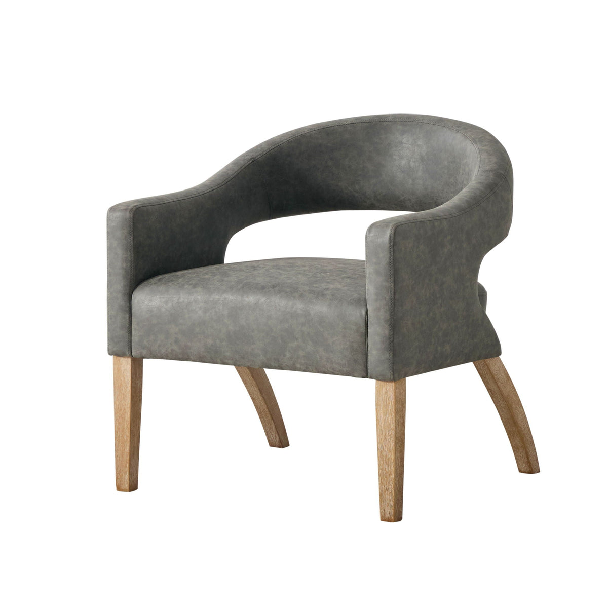 Upholstered Open Back Armchair with Weathered Rubberwood Legs - Faux Leather, photo 3 of 10