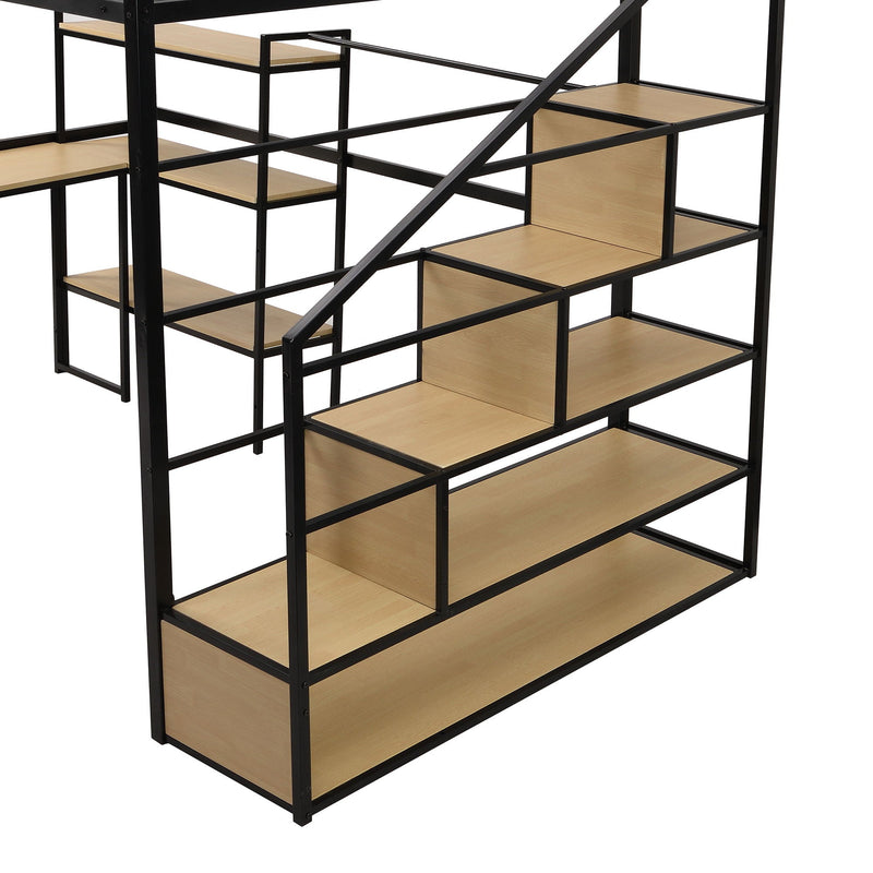 Full Size Loft Bed With Staircase, Built In Desk And Shelves And Sleeping Surface - Black by HouseOfZazla