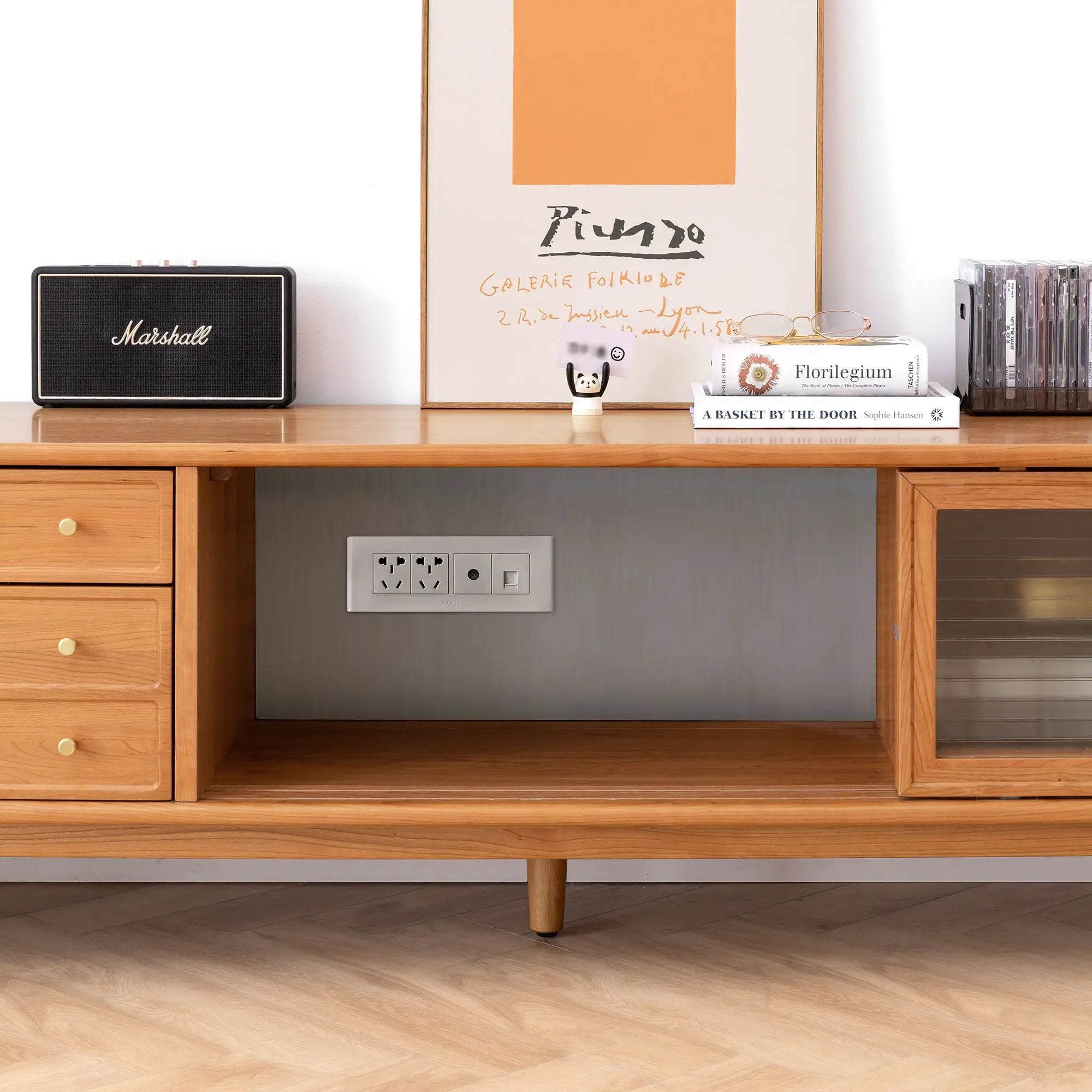 TV Cabinet With Chinese Changhong Glass Doors, Two Drawer Storage Space TV Standing - Cherry by Unique Piece Furniture