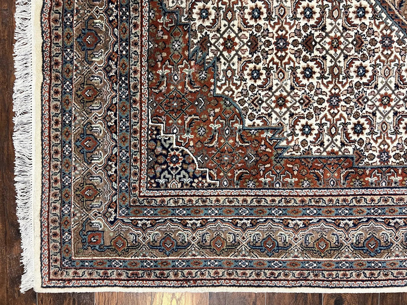 Indo Persian Rug 7x10 ft, Hand Knotted Wool Vintage Oriental Carpet 7 x 10, Traditional Handmade Herati Bidjar Cream Rug, Medallion Rug by Jewel Rugs