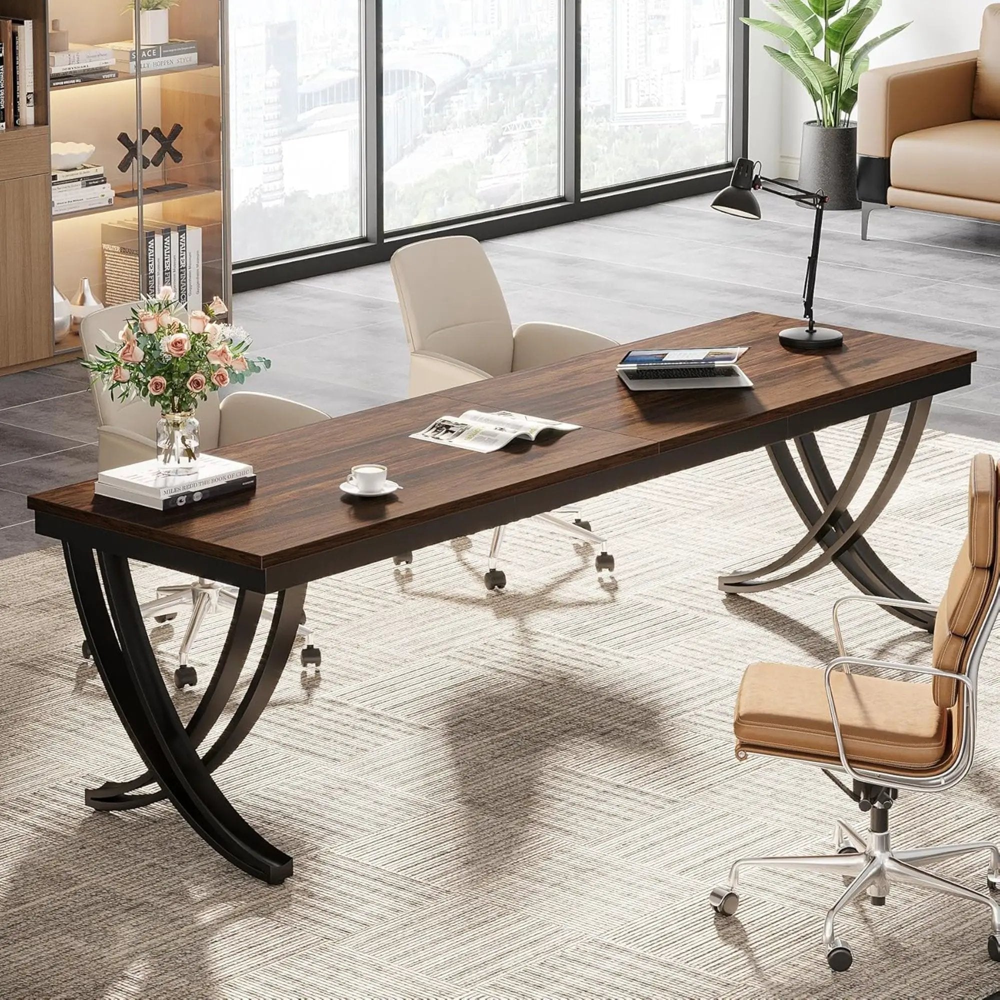 2 Person Desk With X Legs, Extra Long Office Workstation - Brown / Black by HouseOfZazla