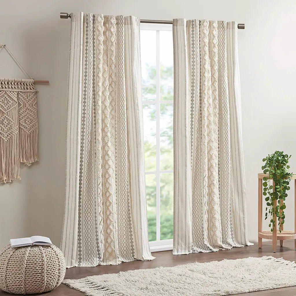 Cotton Printed Curtain Panel with Chenille Stripe and Lining Ivory 50x95 by HouseOfZazla