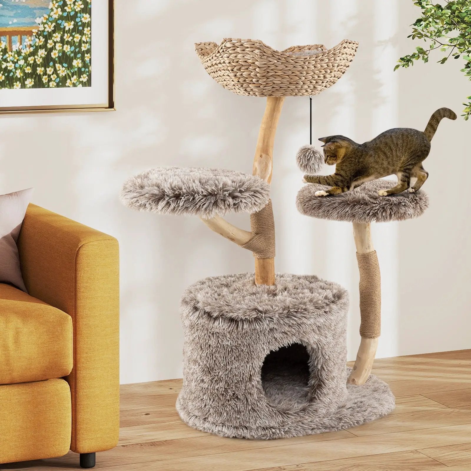 Wood Cat Tree Solid Pear Cat Tree with Perch and Sisal Scratching Posts-Brown by DirectDeals