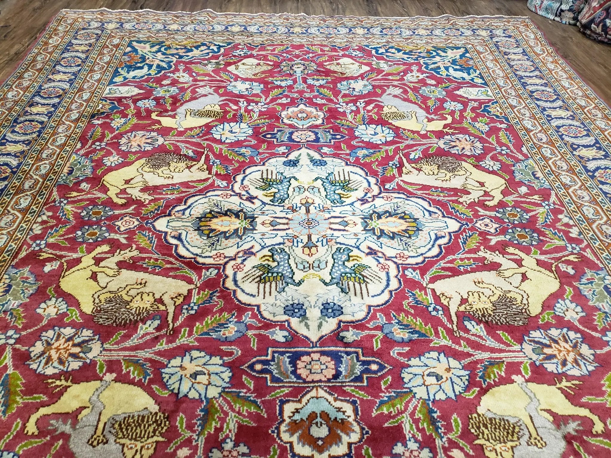 Antique Turkish Sivas Area Rug 8x11, Hand-Knotted, Vintage Red Wool Carpet, Gazelles Lions, Boteh Border, 8' x 11' Top Quality Oriental Rug by Jewel Rugs