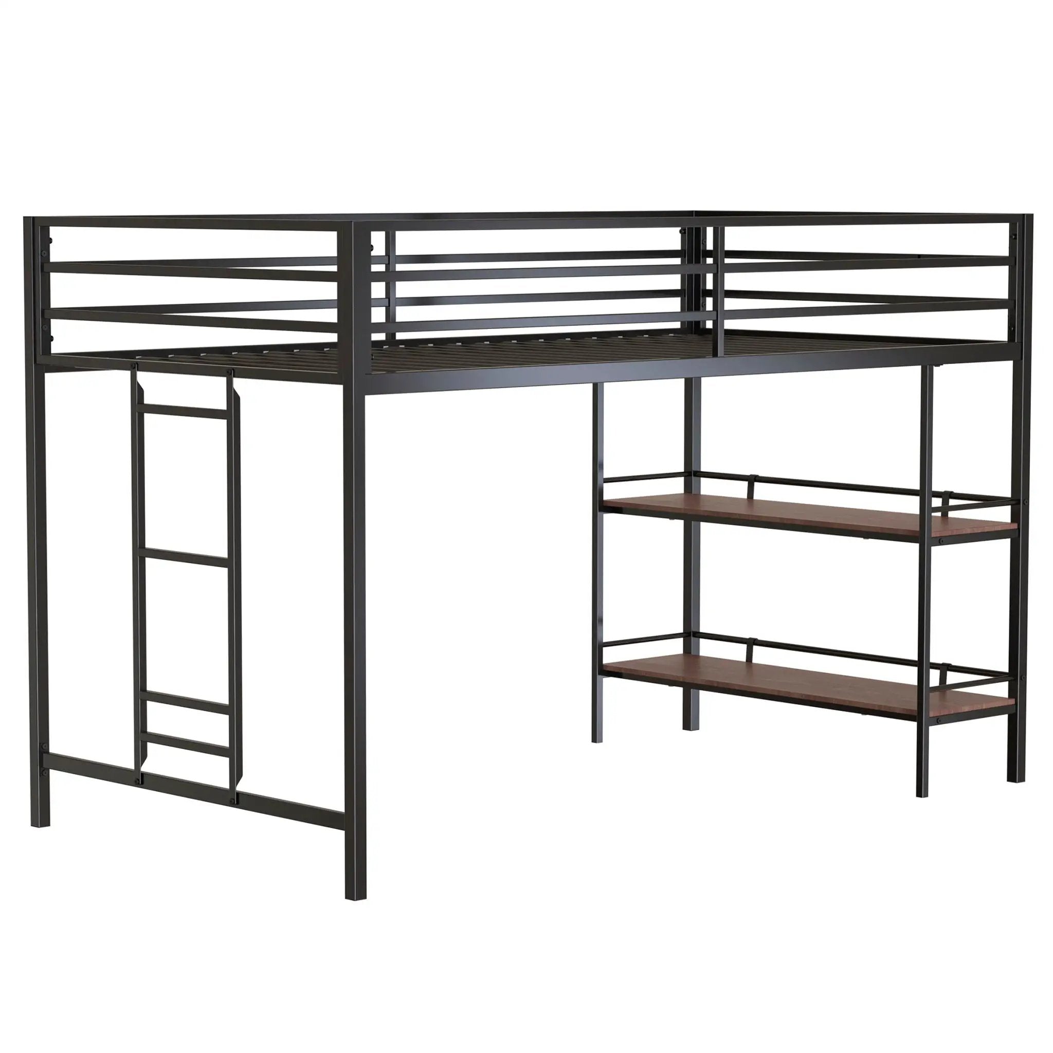Adam - Twin Loft Bunk Bed With Cinnamon Wood Shelf - Black by HouseOfZazla