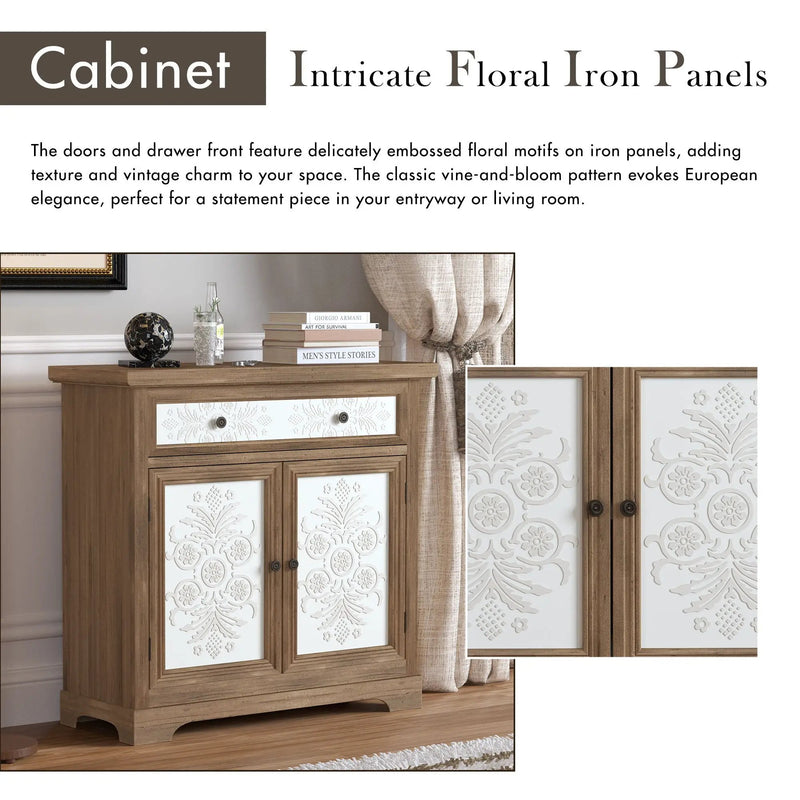 Accent Cabinet With Carved Floral Panels, Sideboard With Drawer And Double Doors - Antique Brown / White by HouseOfZazla