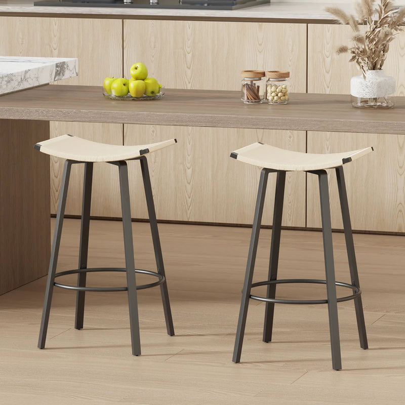 Counter Height Bar Stools Backless Handwoven Kitchen Dining Chairs With Round Footrest (Set of 2) Weaving Pub Stoo - Creamy White by HouseOfZazla