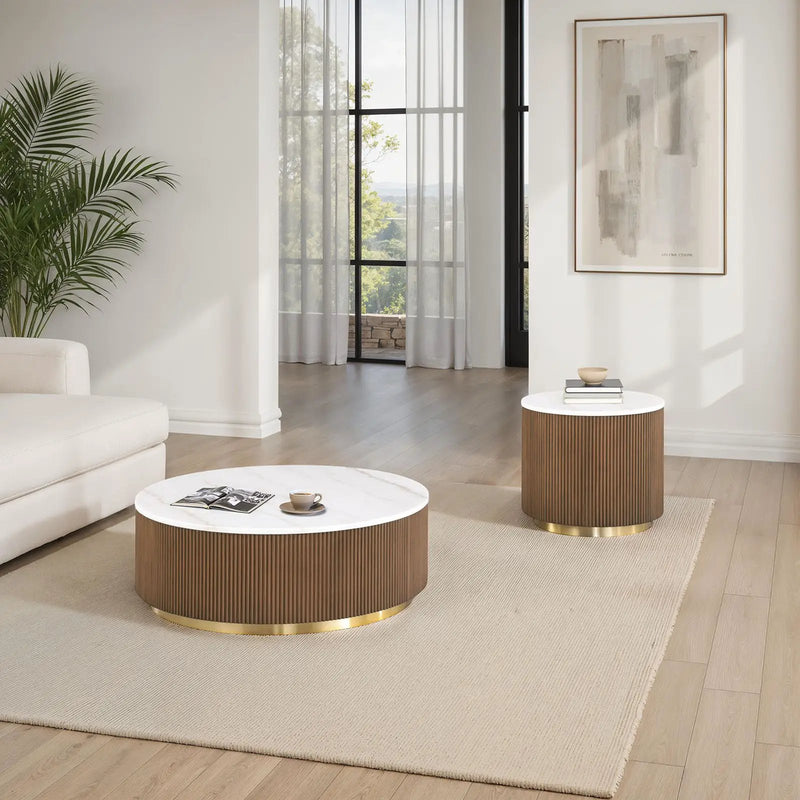 3 Piece Table Set Round Cocktail Table And 2 Round End Tables - Brown / Gold / White by Unique Piece Furniture