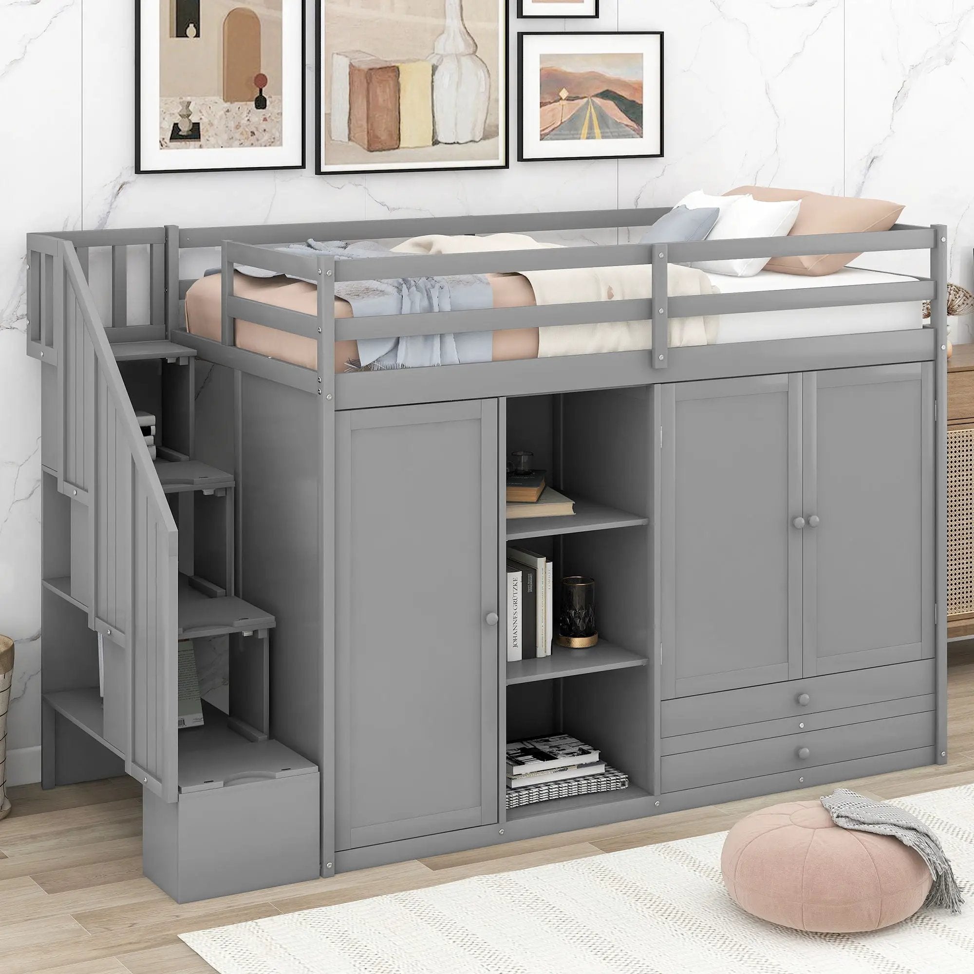 Loft Bed With 3 Shelves, 2 Wardrobes, 2 Drawers, Ladder Storage by HouseOfZazla