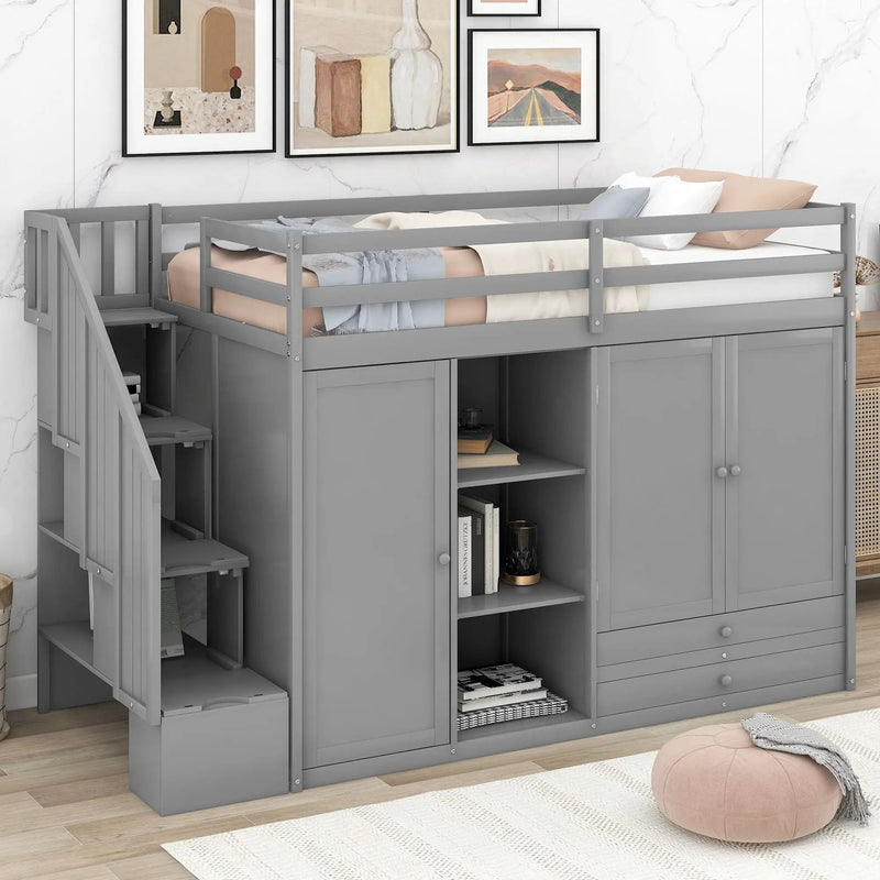 Loft Bed With 3 Shelves, 2 Wardrobes, 2 Drawers, Ladder Storage by HouseOfZazla