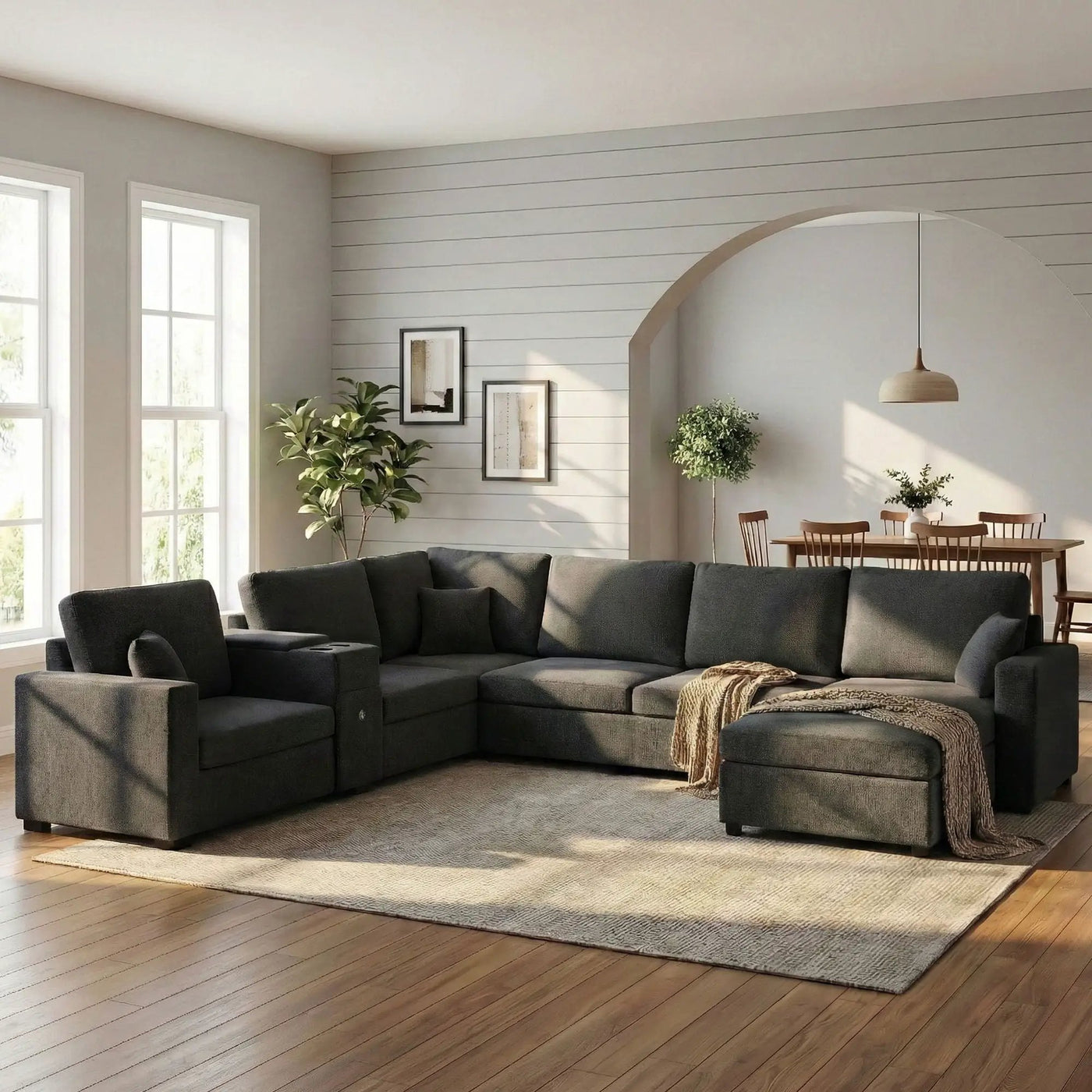 Modular 5 Seat U-Shape Sectional Sofa With Chaise Lounge, Built In Cup Holders And Storage Drawer by Unique Piece Furniture