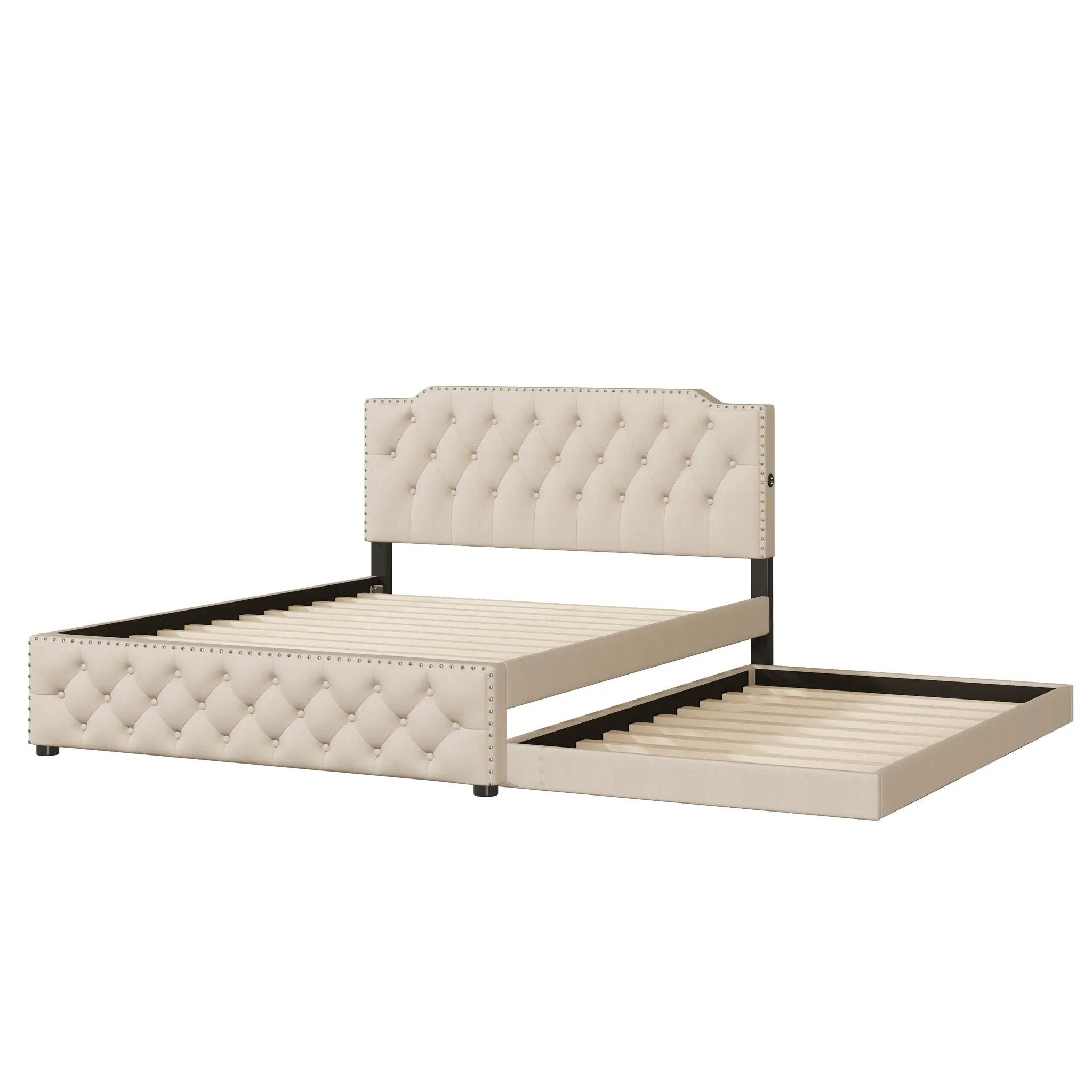 Upholstered Platform Bed With Trundle And 2 Sets Of USB Ports On Each Side, Fabric by Unique Piece Furniture
