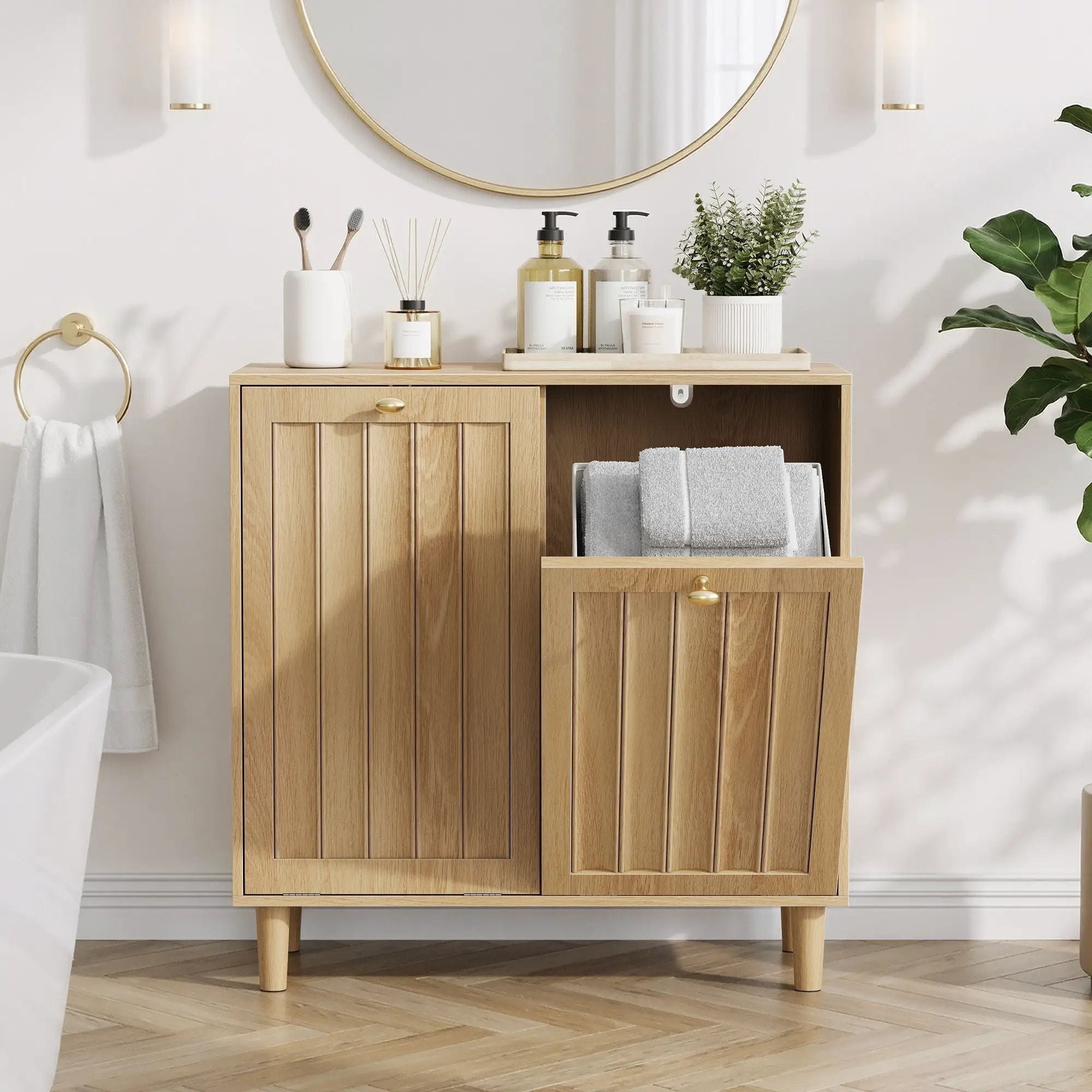 Sloping Laundry Basket With Removable Inner Bin, Concealed Storage Cabinet For Bathroom - Oak by Unique Piece Furniture