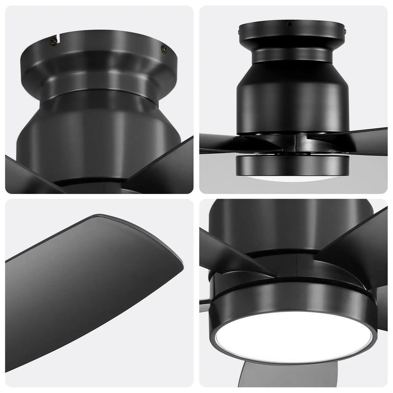 Flush Mount Ceiling Fan With 18W LED Light And Remote Control Blades - Black by Unique Piece Furniture