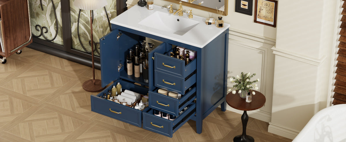 36" Bathroom Vanity with Ceramic Sink and Multi-Tier Storage - Blue, Black, or Grey, photo 5 of 10