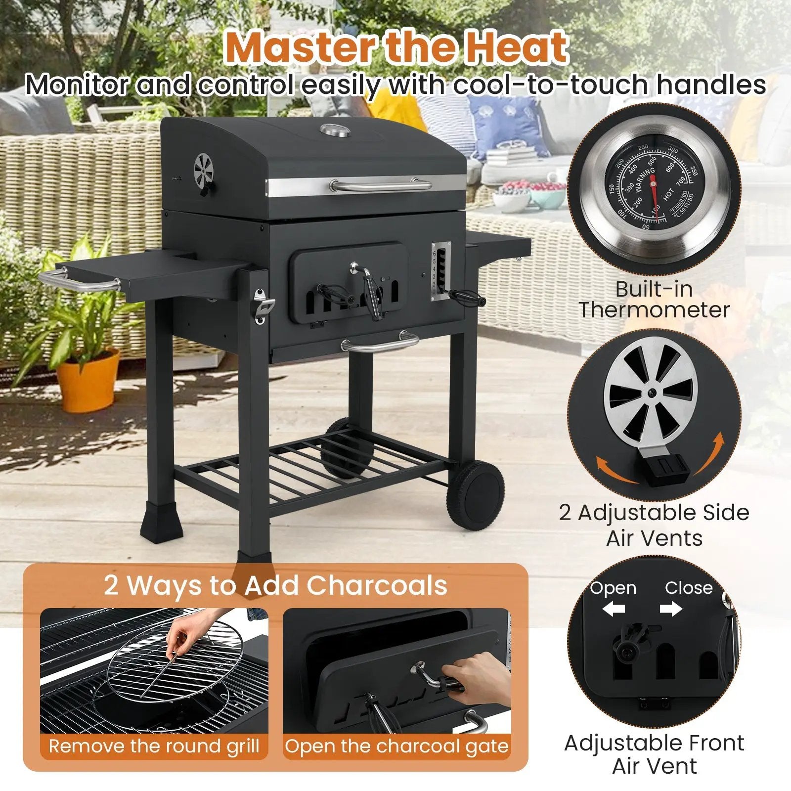 24-Inch Barrel Charcoal Grill with 2 Folding Side Tables and 544 sq.in Cooking Area by DirectDeals