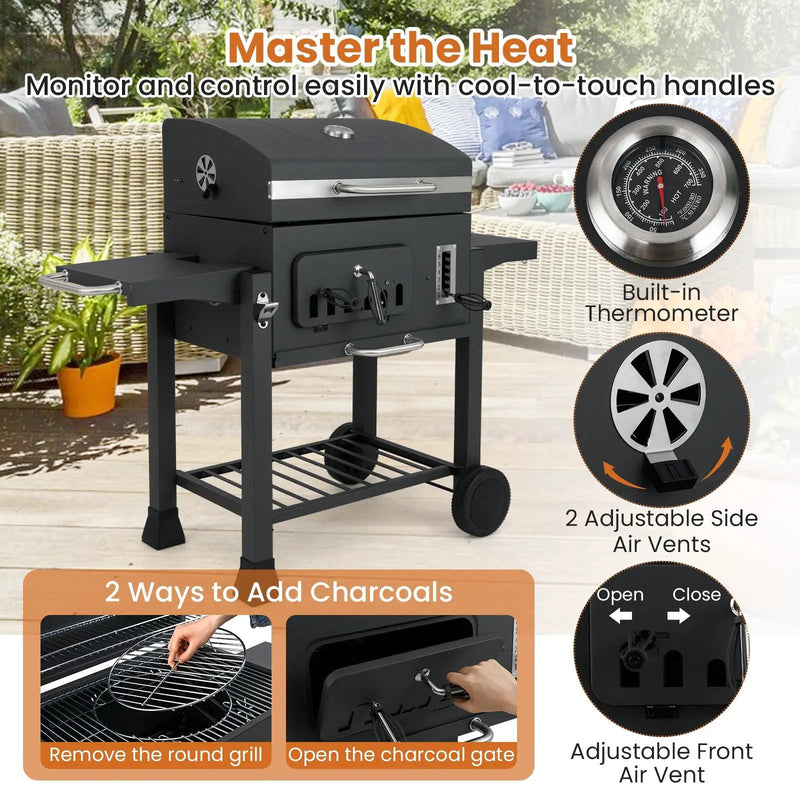24-Inch Barrel Charcoal Grill with 2 Folding Side Tables and 544 sq.in Cooking Area by DirectDeals