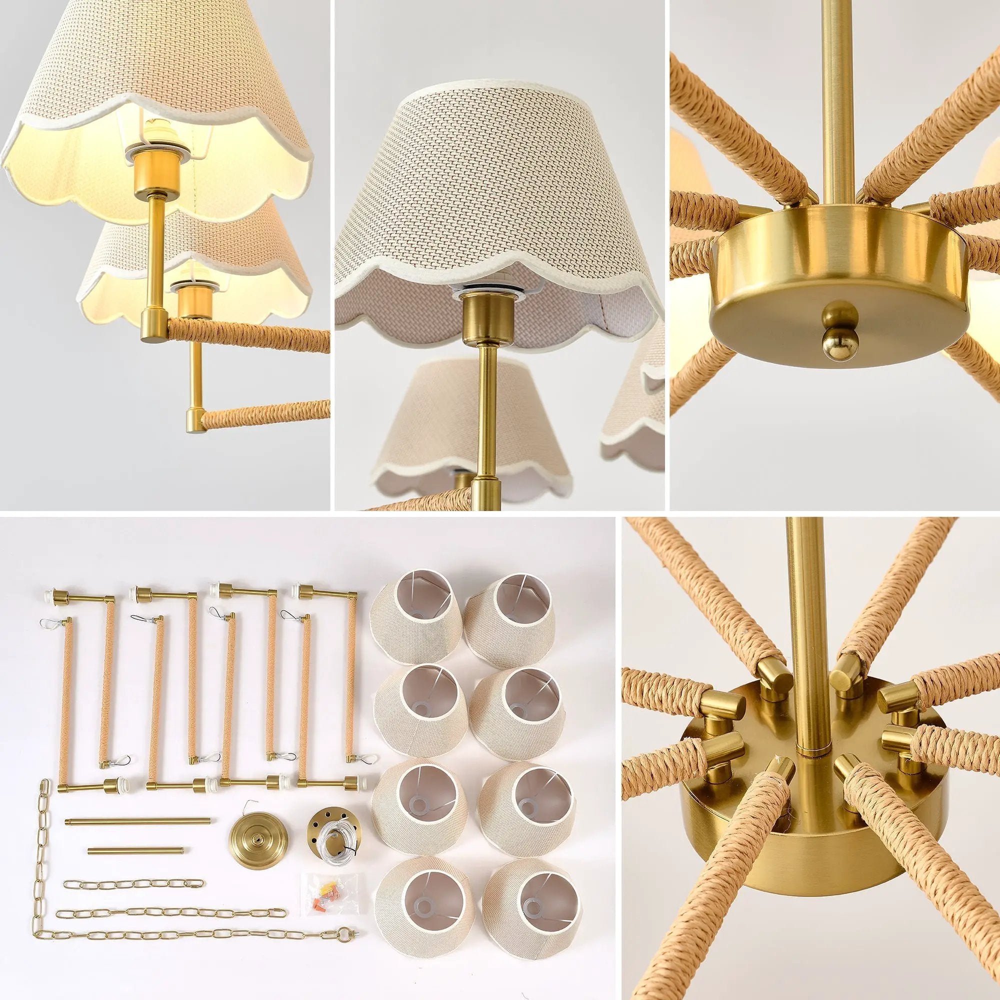 8-Light Rope and Fabric Shade Gold Chandelier by HouseOfZazla