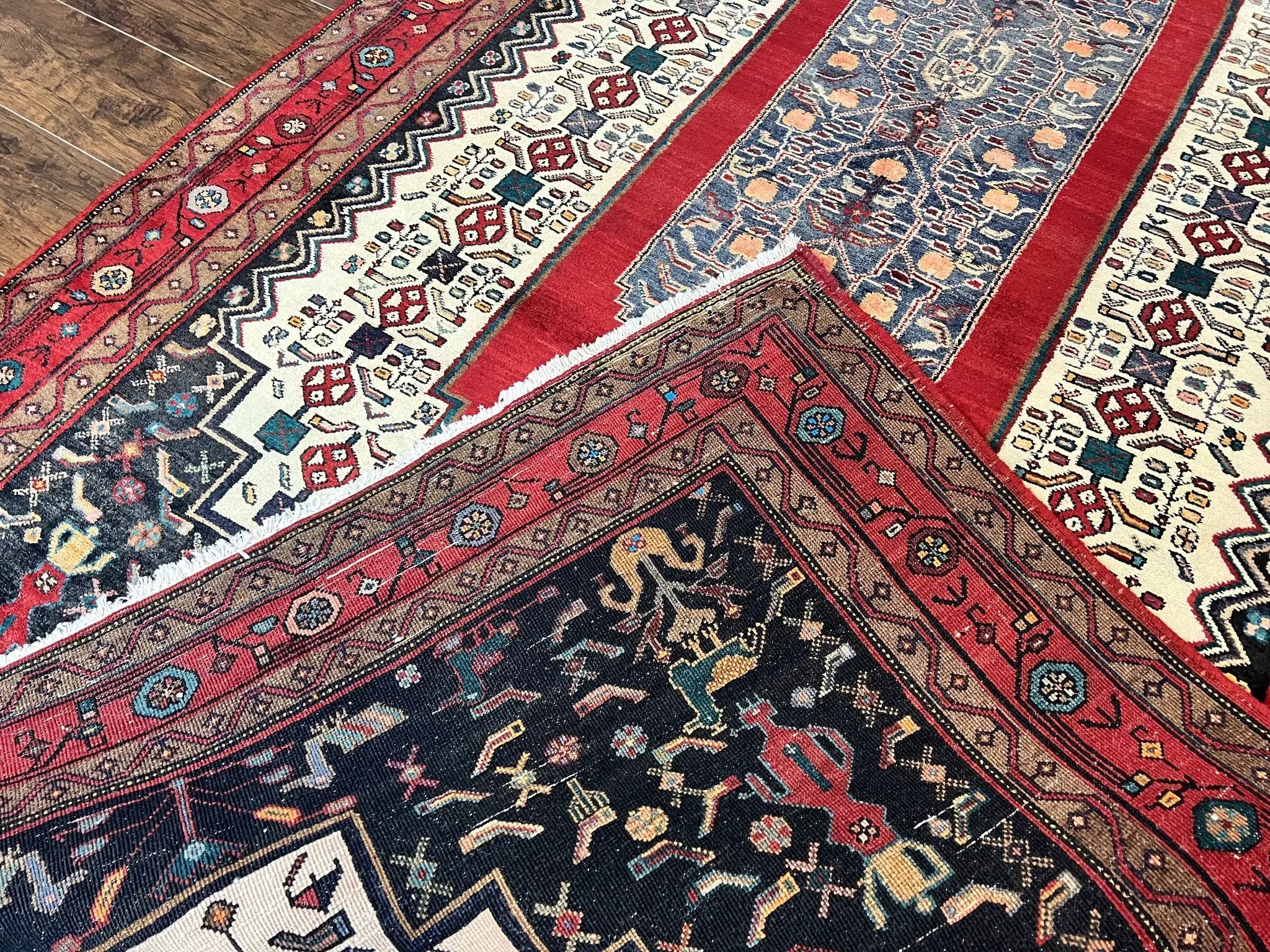 Persian Rug 5x12 ft, Red Cream Navy Blue, Pictorials, Hand Knotted Handmade Wide Runner Tribal Bidjar Semi Antique Wool Geometric Oriental Rug by Jewel Rugs