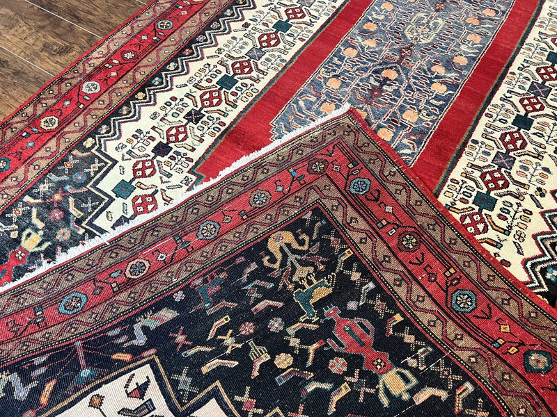 Persian Rug 5x12 ft, Red Cream Navy Blue, Pictorials, Hand Knotted Handmade Wide Runner Tribal Bidjar Semi Antique Wool Geometric Oriental Rug by Jewel Rugs