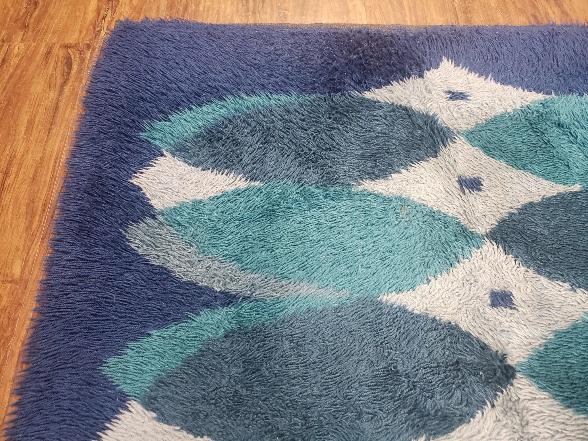 Blue Rya Rug, 1960s Mid-Century Modern Danish Shag Rug 4'6" x 6'7", Ege Rya, Abstract by Jewel Rugs