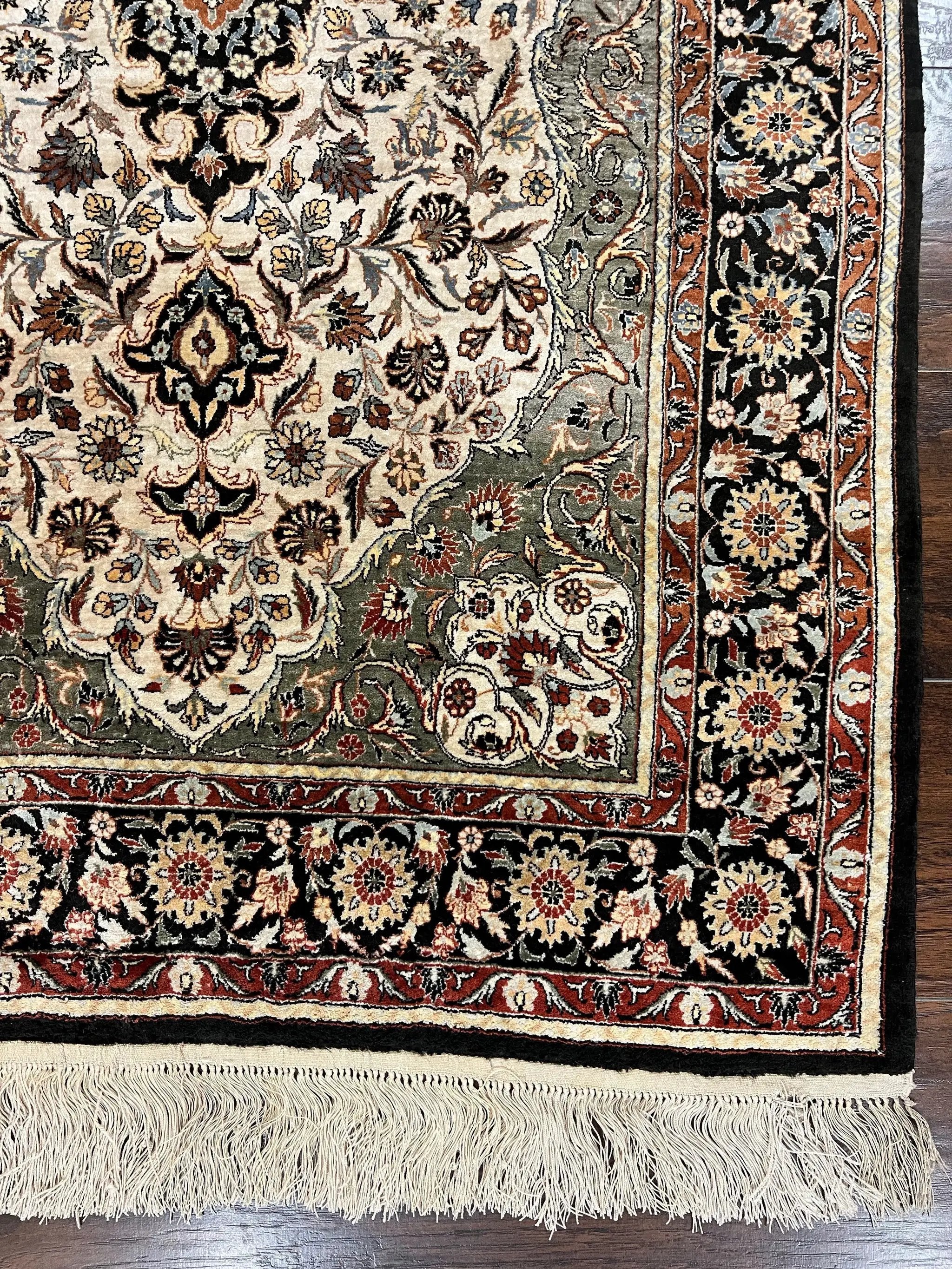 Silk Sino Persian Rug 3x5, Floral Medallion, Hand Knotted Silk Pile Silk Foundation, Traditional Silk Handmade Oriental Carpet, Cream Black by Jewel Rugs