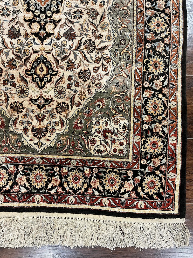 Silk Sino Persian Rug 3x5, Floral Medallion, Hand Knotted Silk Pile Silk Foundation, Traditional Silk Handmade Oriental Carpet, Cream Black by Jewel Rugs