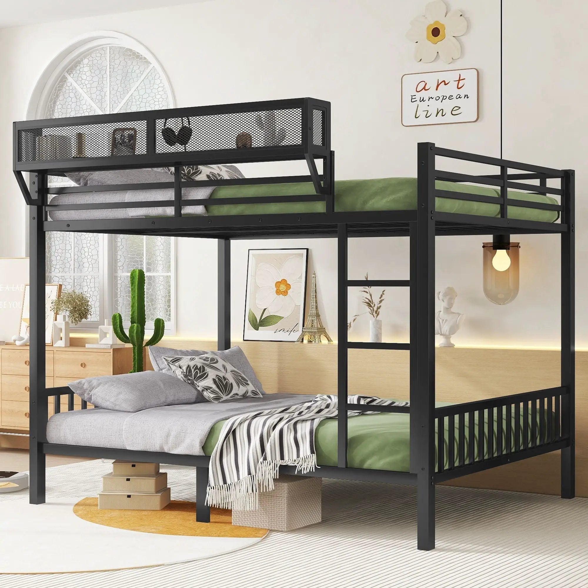 Queen Over Queen Bunk Bed With Ladder And Storage Shelf - Black by HouseOfZazla