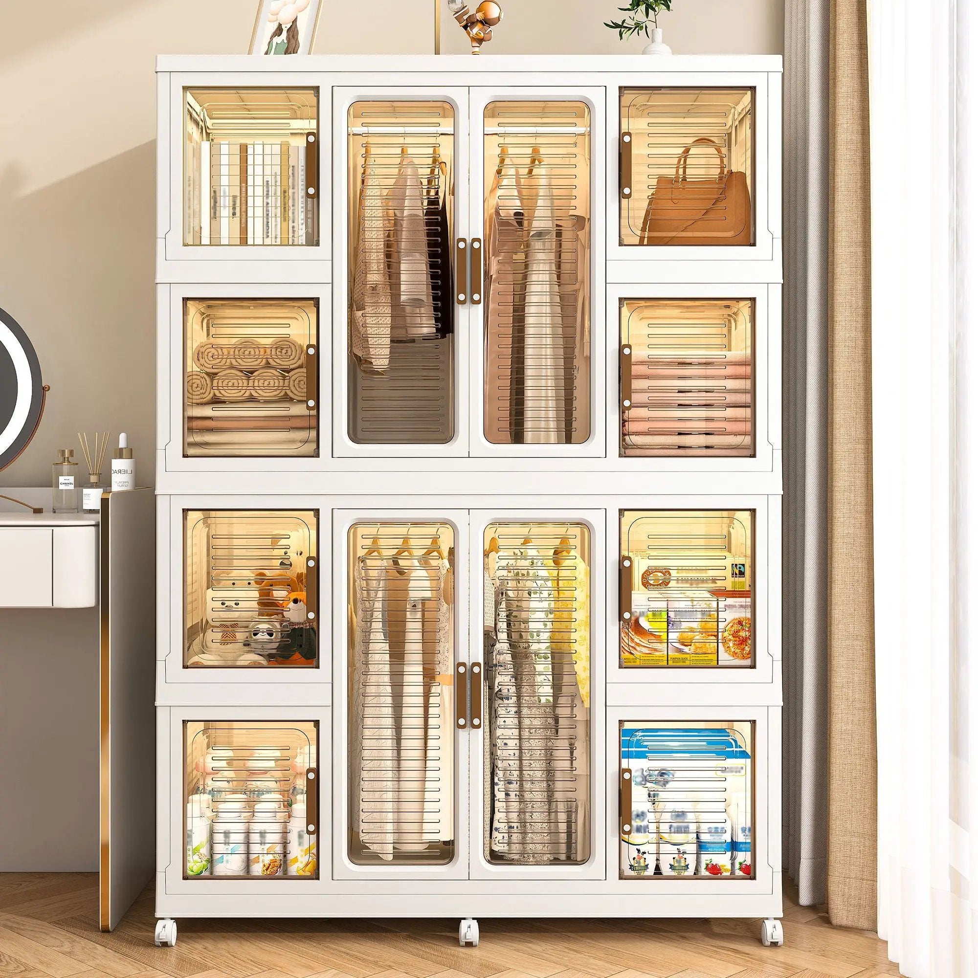 Portable Wardrobe Closet Storage Organizer For Clothes With Magnetic Doors, 12 Cubes & 2 Hanging Rods - White by HouseOfZazla
