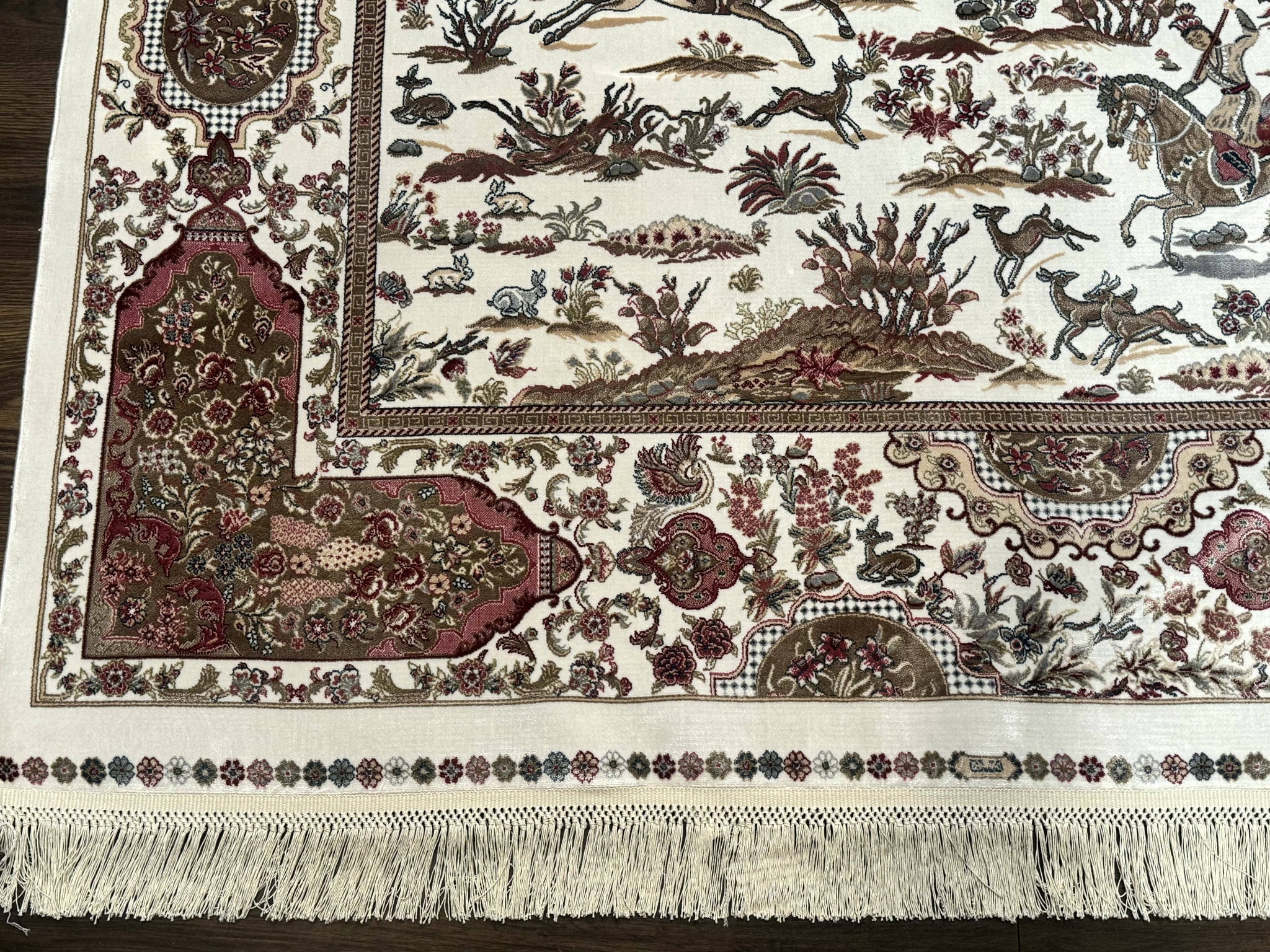 Turkish Silk Rug 5x8, Ivory, Hunting Design, Animal Pictorials, Bamboo Silk by Jewel Rugs