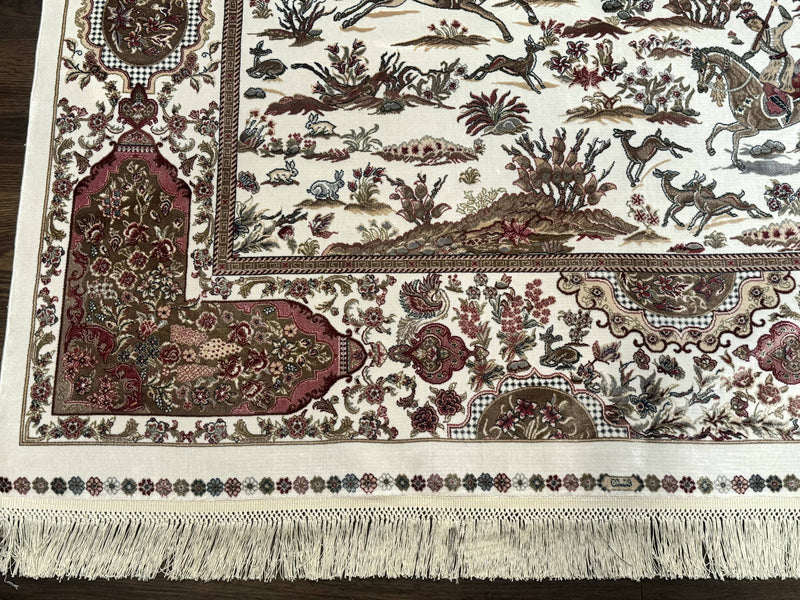 Turkish Silk Rug 5x8, Ivory, Hunting Design, Animal Pictorials, Bamboo Silk by Jewel Rugs