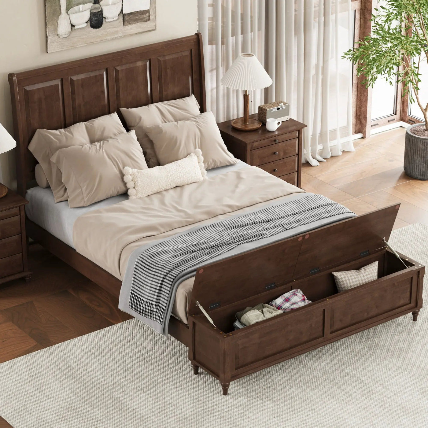 Sleigh Bed Frame With Tall Headboard And Storage Bench by HouseOfZazla