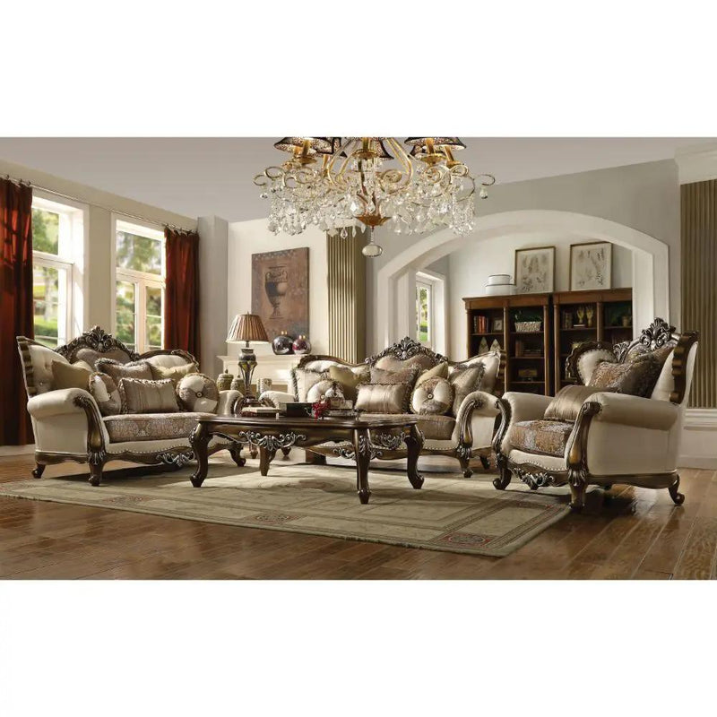 Latisha - Loveseat With 6 Pillows (Same Lv01577) - Tan, Pattern Fabric & Antique Oak by Unique Piece Furniture