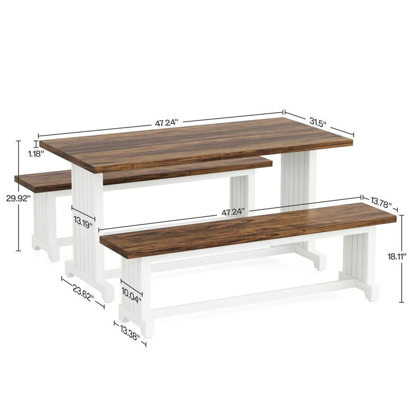 3 Piece Dining Table Set For 2 - 4, With Space Saving Benches - Brown / White by HouseOfZazla